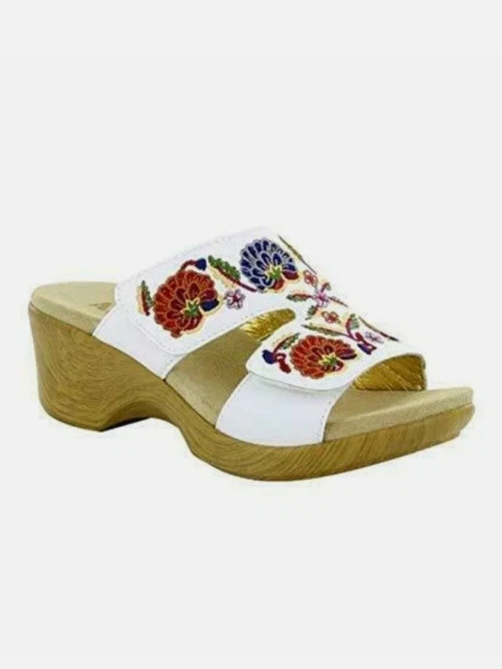 Alegria Linn-600N White Leather & Floral Embroidered Comfort Wedge Sz 39 = 8/8.5